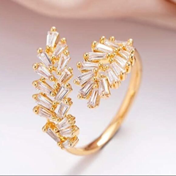 Crystal / Gold Leaf Open Adjustable Ring, Gold Leaf Statement Ring - Picture 4 of 6